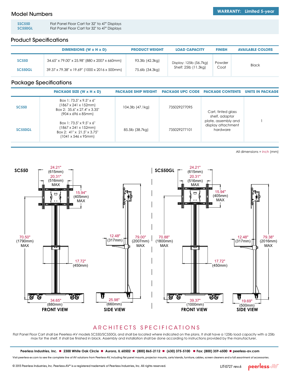 Package specifications, Product specifications model numbers | Peerless-AV SC550GL  - Sell Sheet User Manual | Page 2 / 2