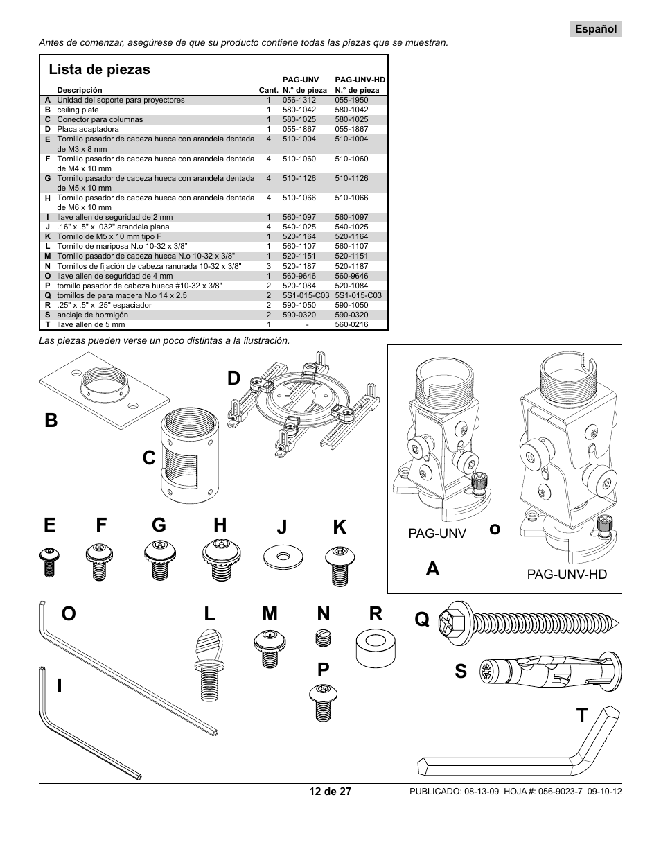 Parts list lista de piezas liste des pièces, Pag-unv pag-unv-hd | Peerless-AV PAG-UNV-HD - Installation User Manual | Page 12 / 27