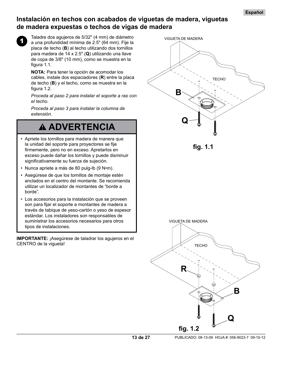Advertencia, Bq r, Fig. 1.1 fig. 1.2 | Peerless-AV PAG-UNV-HD - Installation User Manual | Page 13 / 27