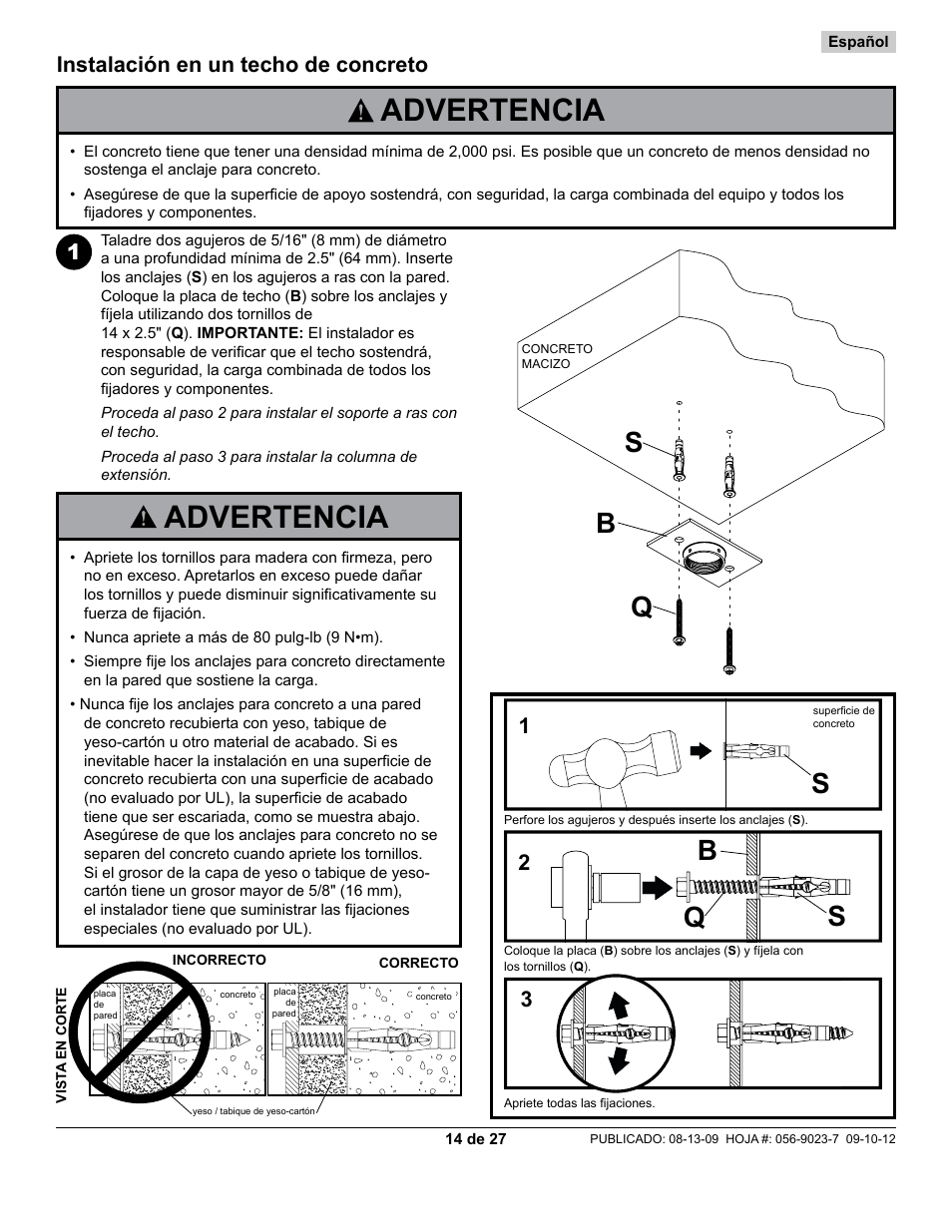 Advertencia, Bs q, Instalación en un techo de concreto | Peerless-AV PAG-UNV-HD - Installation User Manual | Page 14 / 27
