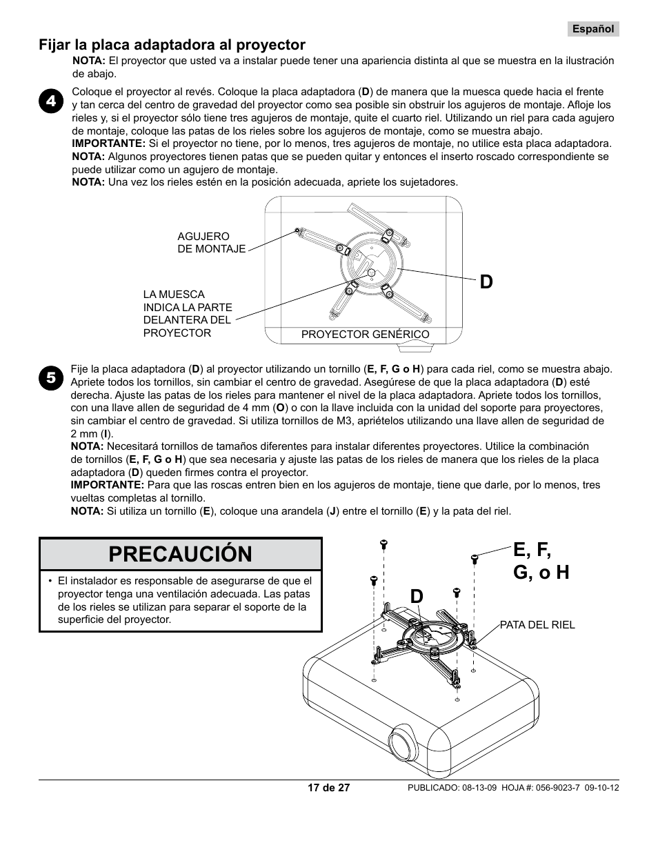 Precaución, E, f, g, o h, 45 fijar la placa adaptadora al proyector | Peerless-AV PAG-UNV-HD - Installation User Manual | Page 17 / 27