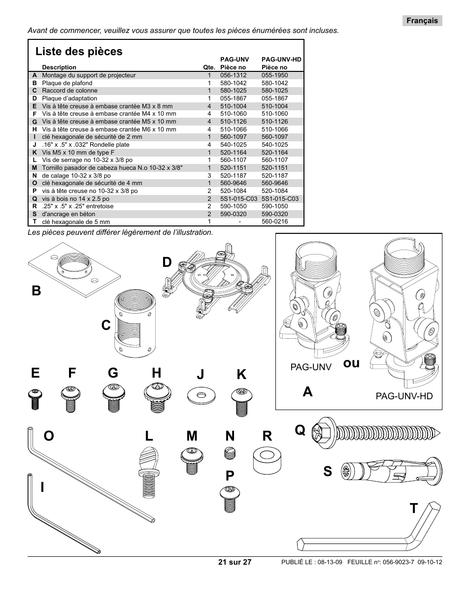 Parts list lista de piezas liste des pièces, Pag-unv pag-unv-hd | Peerless-AV PAG-UNV-HD - Installation User Manual | Page 21 / 27