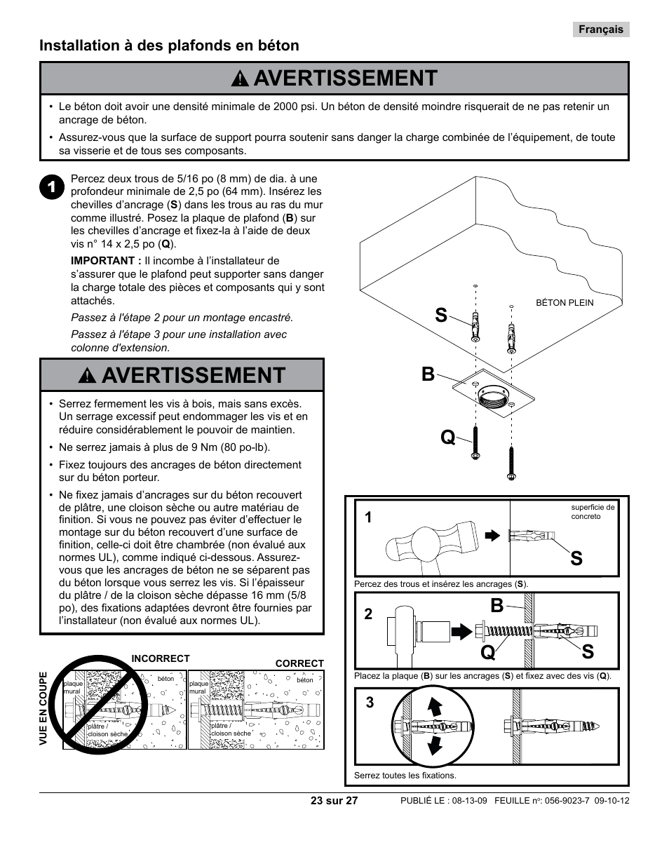 Avertissement, Bs q, Installation à des plafonds en béton | Peerless-AV PAG-UNV-HD - Installation User Manual | Page 23 / 27