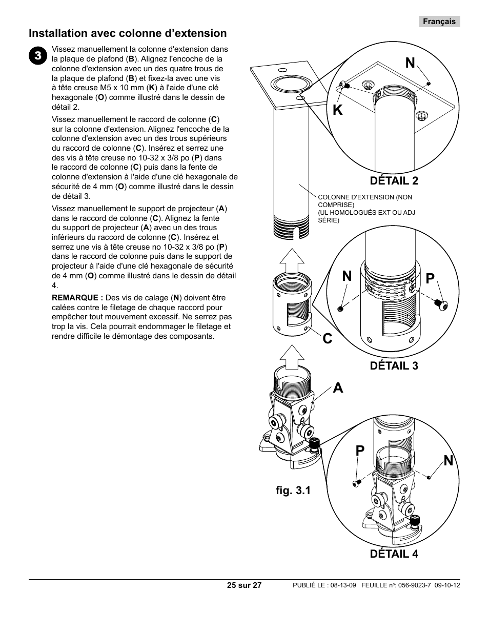 Installation avec colonne d’extension, 3fig. 3.1, Détail 2 détail 3 détail 4 | Peerless-AV PAG-UNV-HD - Installation User Manual | Page 25 / 27