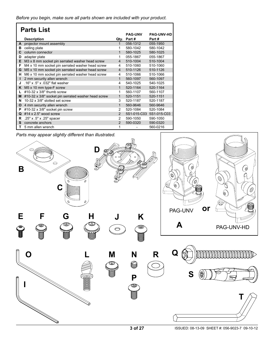 Parts list lista de piezas liste des pièces, Pag-unv pag-unv-hd | Peerless-AV PAG-UNV-HD - Installation User Manual | Page 3 / 27