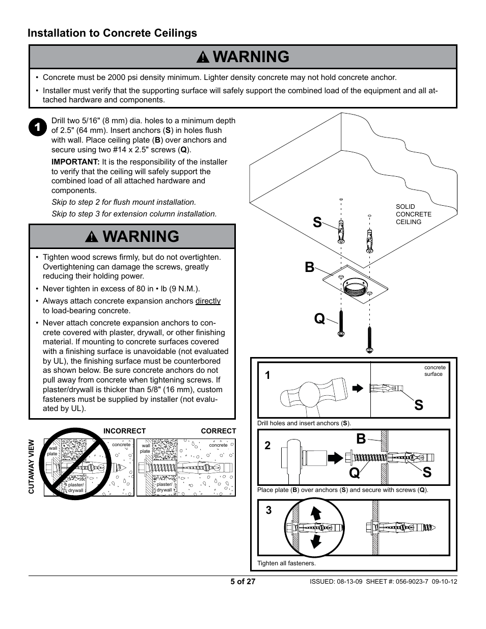 Warning, Bs q, Installation to concrete ceilings | Peerless-AV PAG-UNV-HD - Installation User Manual | Page 5 / 27