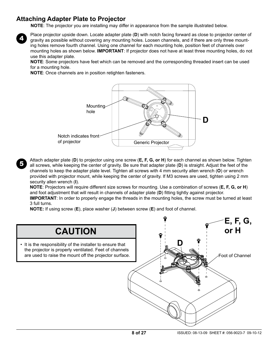 Caution, E, f, g, or h, 45 attaching adapter plate to projector | Peerless-AV PAG-UNV-HD - Installation User Manual | Page 8 / 27