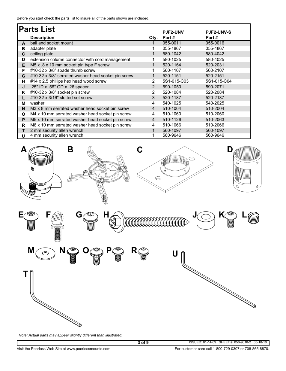 Ac d, Parts list | Peerless-AV PJF2-UNV-S - Installation User Manual | Page 3 / 9