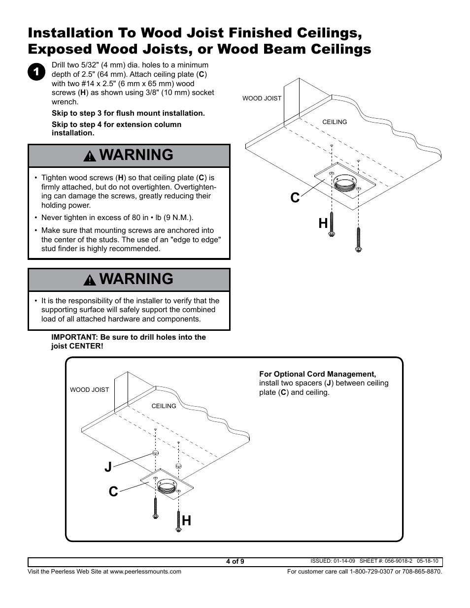 Warning, Hc j | Peerless-AV PJF2-UNV-S - Installation User Manual | Page 4 / 9