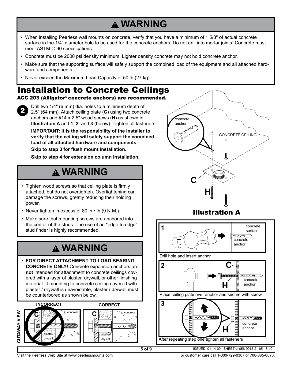 Warning, Ch h, Installation to concrete ceilings | Illustration a | Peerless-AV PJF2-UNV-S - Installation User Manual | Page 5 / 9