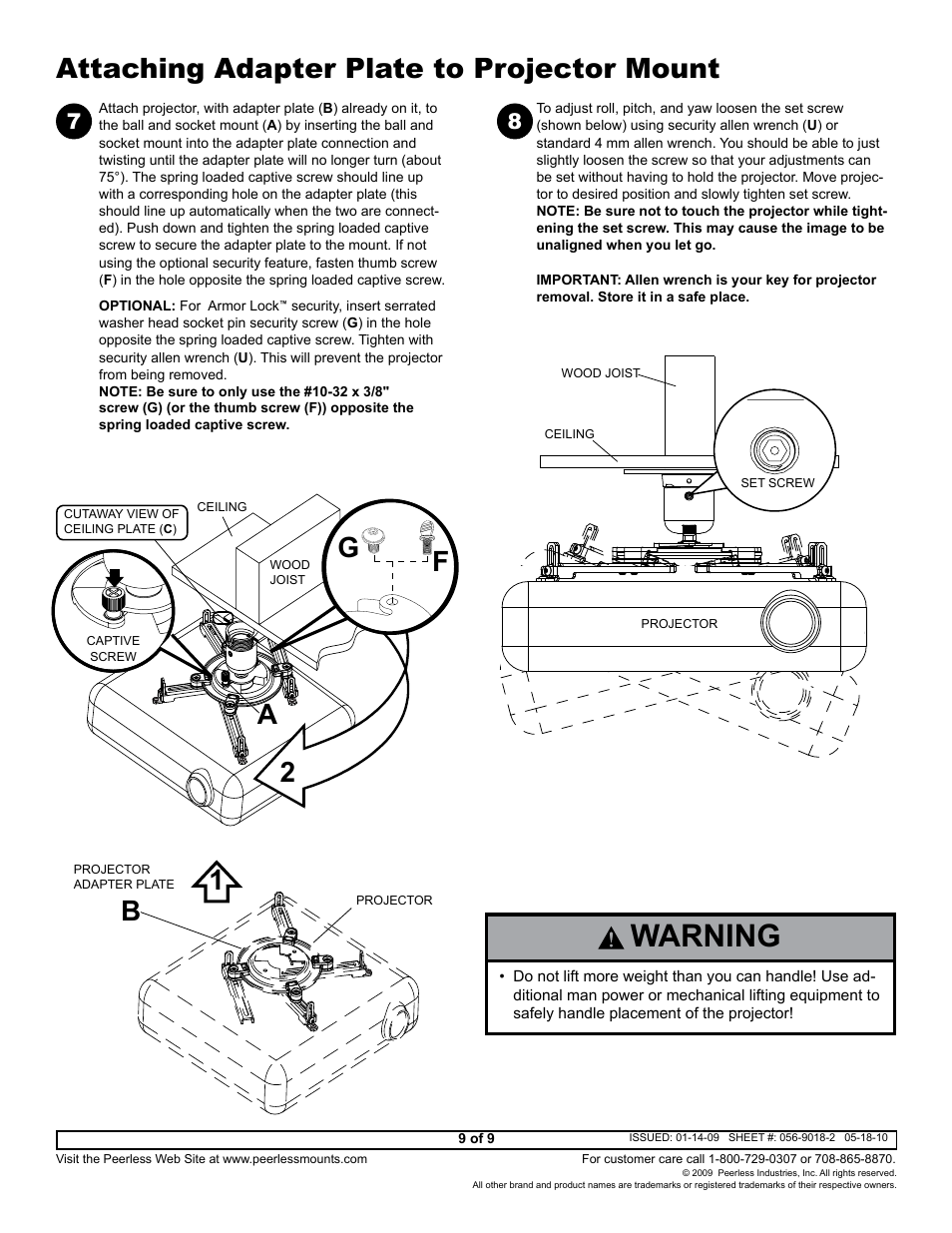 Warning, G2 1 f, Attaching adapter plate to projector mount b | Peerless-AV PJF2-UNV-S - Installation User Manual | Page 9 / 9