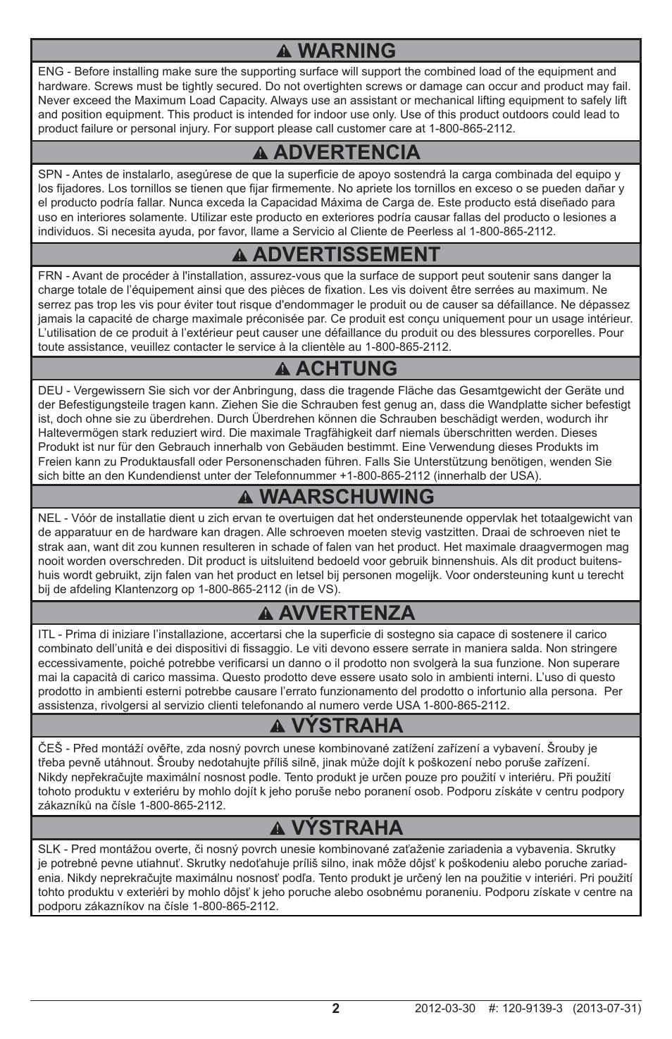 Warning, Advertissement, Advertencia | Achtung, Waarschuwing, Avvertenza, Výstraha | Peerless-AV MOD-ASC - Installation User Manual | Page 2 / 12