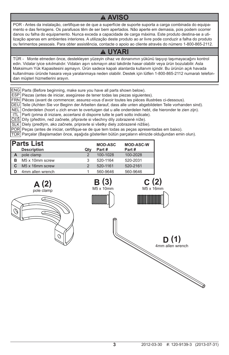 D (1) a (2), B (3) c (2), Uyari | Aviso parts list | Peerless-AV MOD-ASC - Installation User Manual | Page 3 / 12