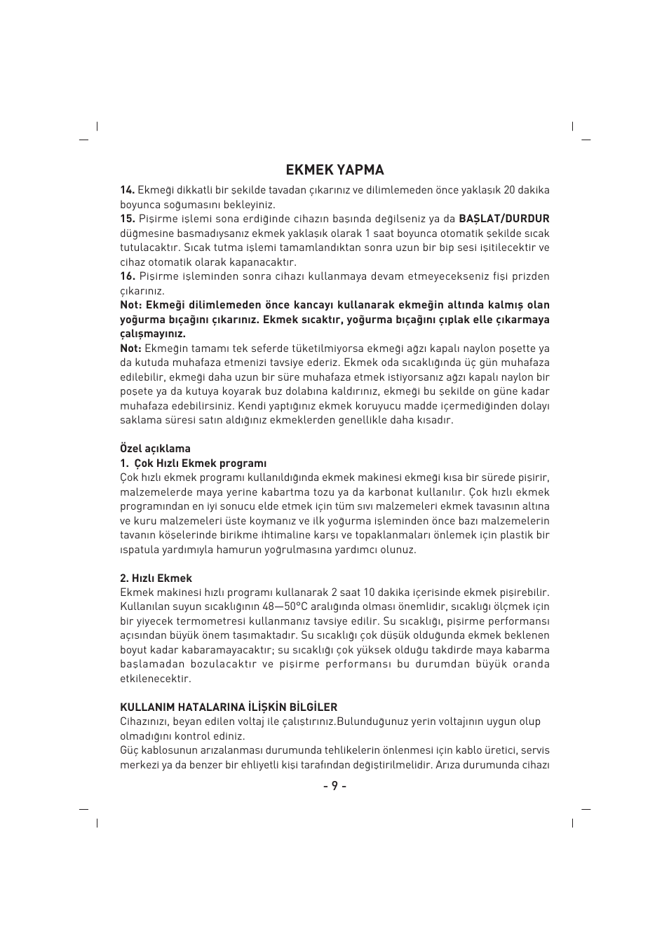 Ekmek yapma | SINBO SBM 4713 User Manual | Page 10 / 52