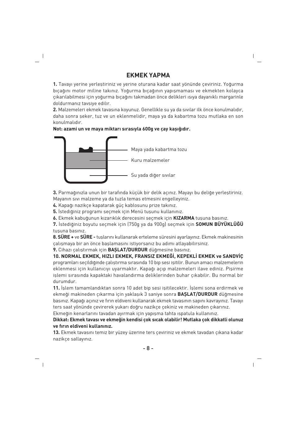 Ekmek yapma | SINBO SBM 4713 User Manual | Page 9 / 52