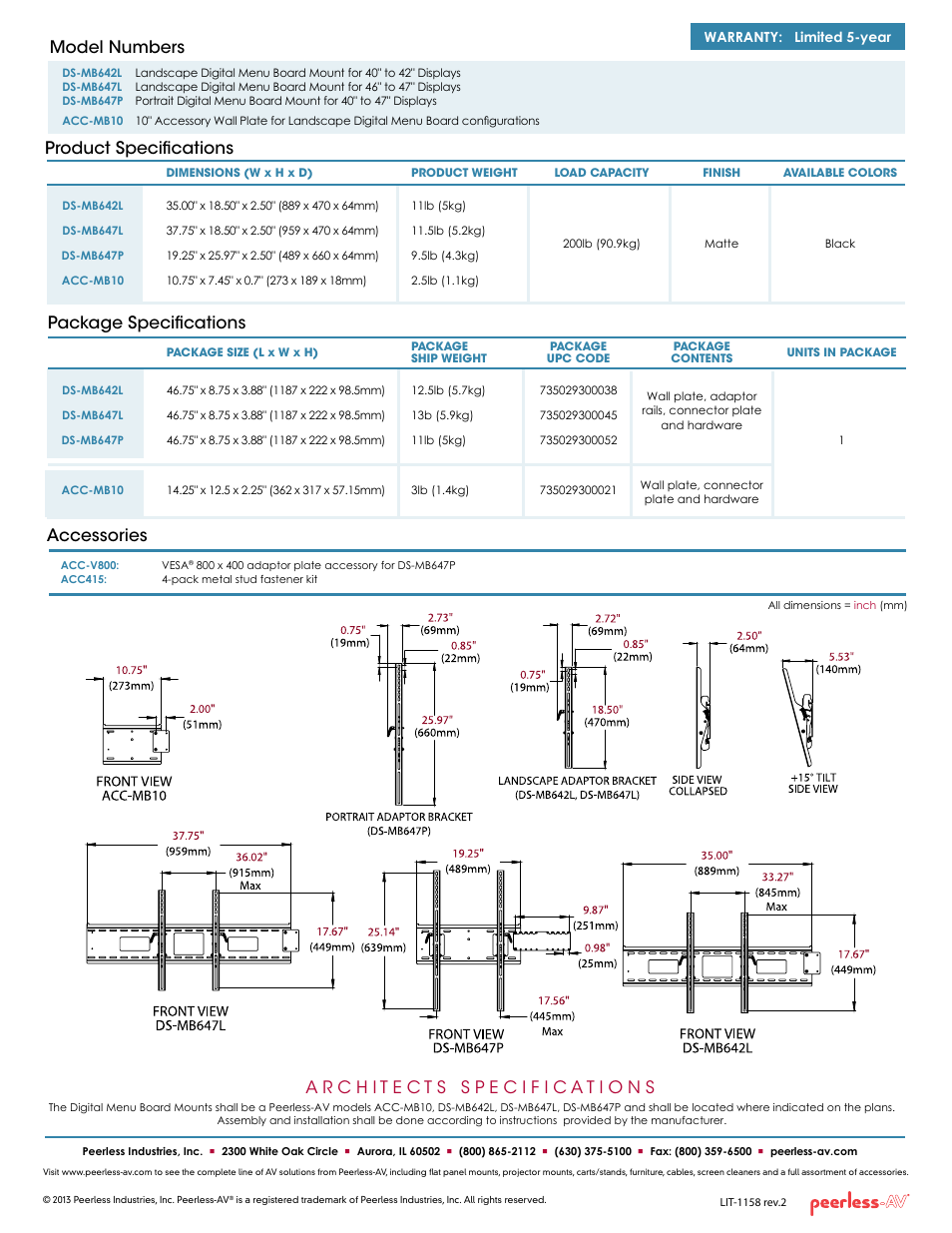 Product specifications model numbers, Package specifications, Accessories | Peerless-AV DS-MB647P  - Sell Sheet User Manual | Page 2 / 2