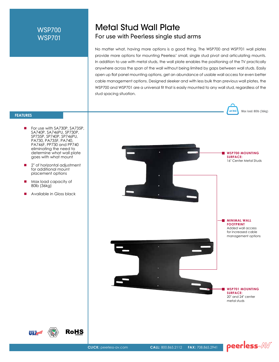 Peerless-AV WSP701  - Sell Sheet User Manual | 2 pages