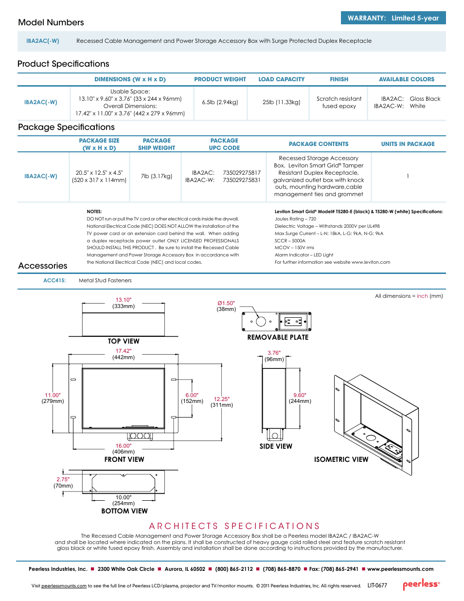 Package specifications, Product specifications model numbers, Accessories | Peerless-AV IBA2AC-W  - Sell Sheet User Manual | Page 2 / 2