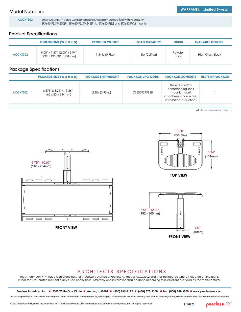 Package specifications, Product specifications model numbers | Peerless-AV ACCXT302  - Sell Sheet User Manual | Page 2 / 2