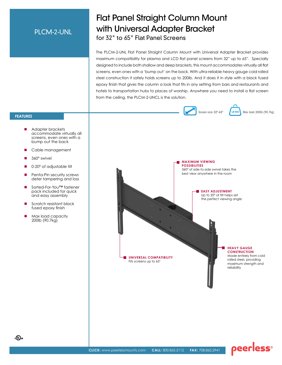 Peerless-AV PLCM-2-UNL  - Sell Sheet User Manual | 2 pages