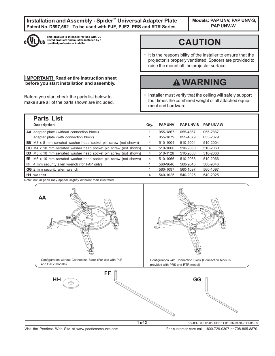 Peerless-AV PAP-UNV-W - Installation User Manual | 2 pages