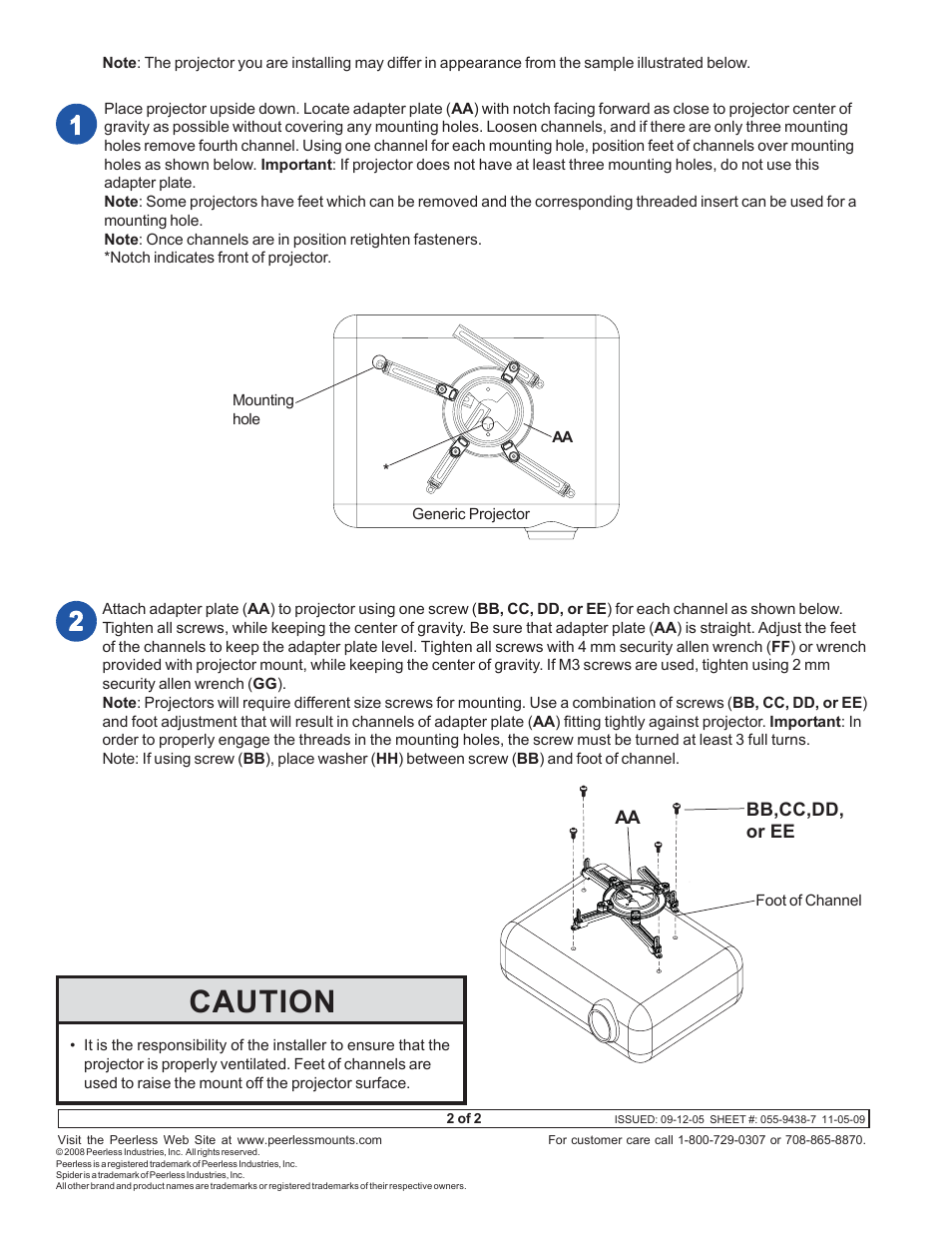 Caution | Peerless-AV PAP-UNV-W - Installation User Manual | Page 2 / 2