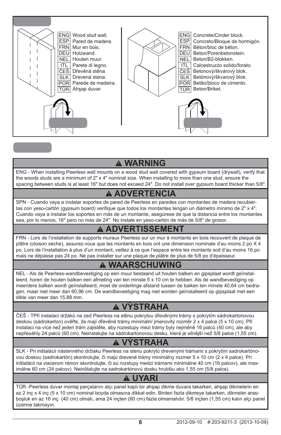 11b 1a, Výstraha, Advertencia | Waarschuwing, Advertissement, Uyari, Warning | Peerless-AV SAL737 - Installation User Manual | Page 6 / 20