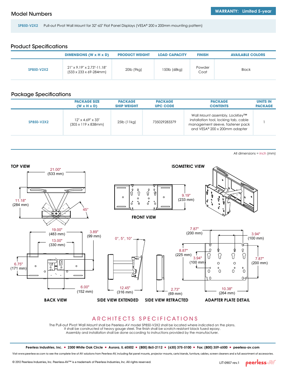 Package specifications, Product specifications model numbers | Peerless-AV SP850-V2X2  - Sell Sheet User Manual | Page 2 / 2