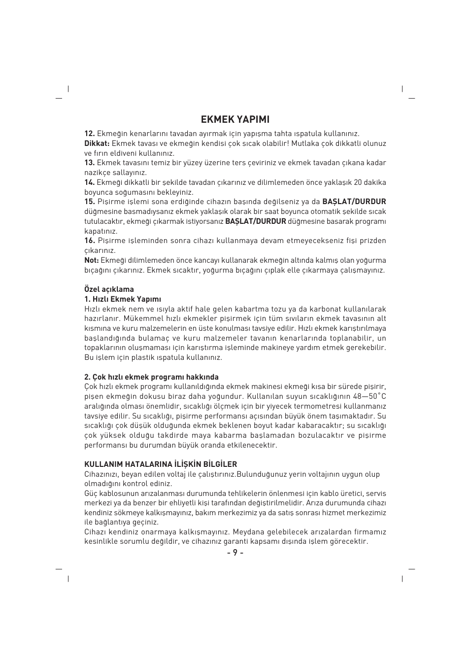 Ekmek yapimi | SINBO SBM 4711 User Manual | Page 10 / 40