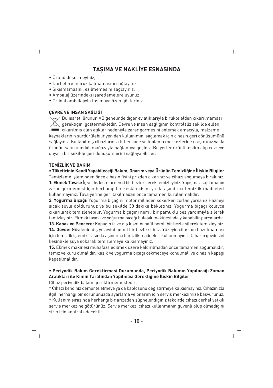 Tafiima ve nakl‹ye esnasinda | SINBO SBM 4711 User Manual | Page 11 / 40