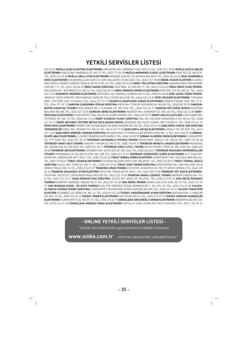 Yetk‹l‹ serv‹sler l‹stes | SINBO SBM 4711 User Manual | Page 36 / 40