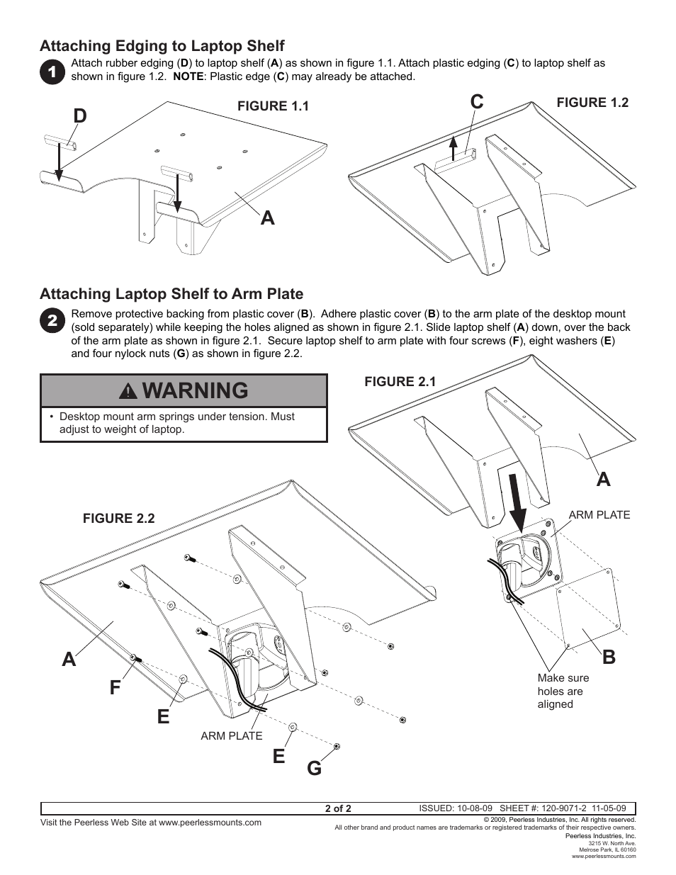 Warning, Af g e e, 1attaching edging to laptop shelf | 2attaching laptop shelf to arm plate | Peerless-AV ACC328 - Installation User Manual | Page 2 / 2