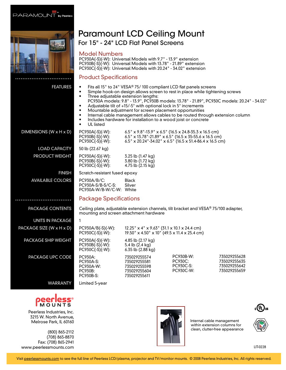 Paramount lcd ceiling mount, For 15" - 24" lcd flat panel screens, Model numbers | Product specifications, Package specifications | Peerless-AV PC930C-W  - Sell Sheet User Manual | Page 2 / 2