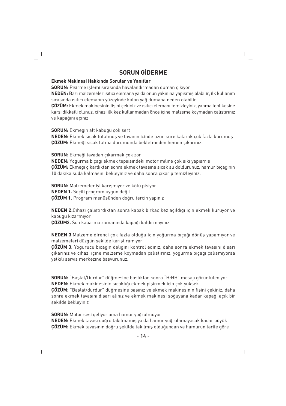 Sorun g‹derme | SINBO SBM 4712 User Manual | Page 15 / 52