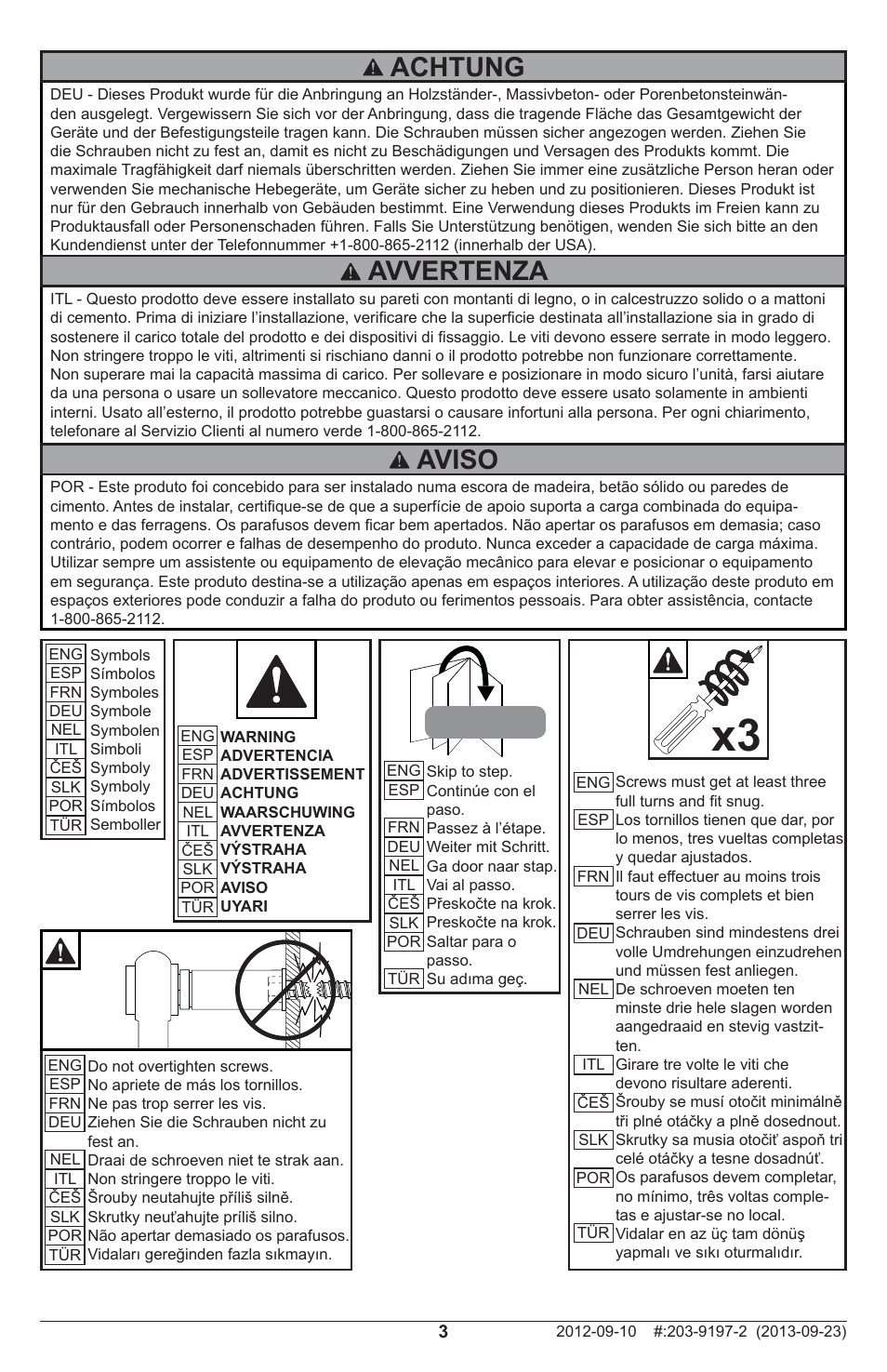 Achtung, Avvertenza, Aviso | Peerless-AV SFL637 - Installation User Manual | Page 3 / 20