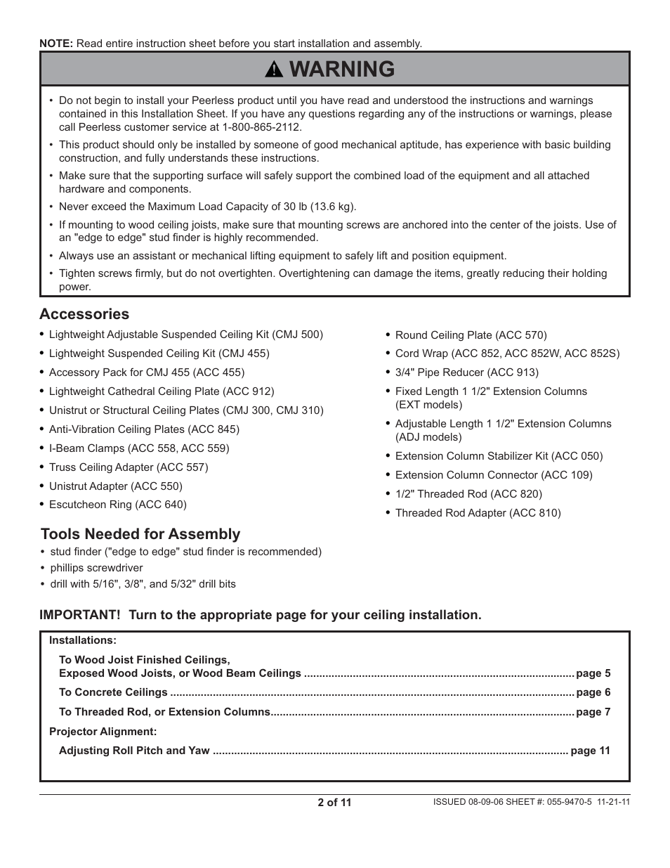 Warning, Tools needed for assembly, Accessories | Peerless-AV PSMU-PRS - Installation User Manual | Page 2 / 11