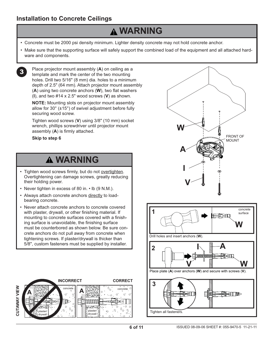 Warning, Wv i a, Aw v i | Peerless-AV PSMU-PRS - Installation User Manual | Page 6 / 11