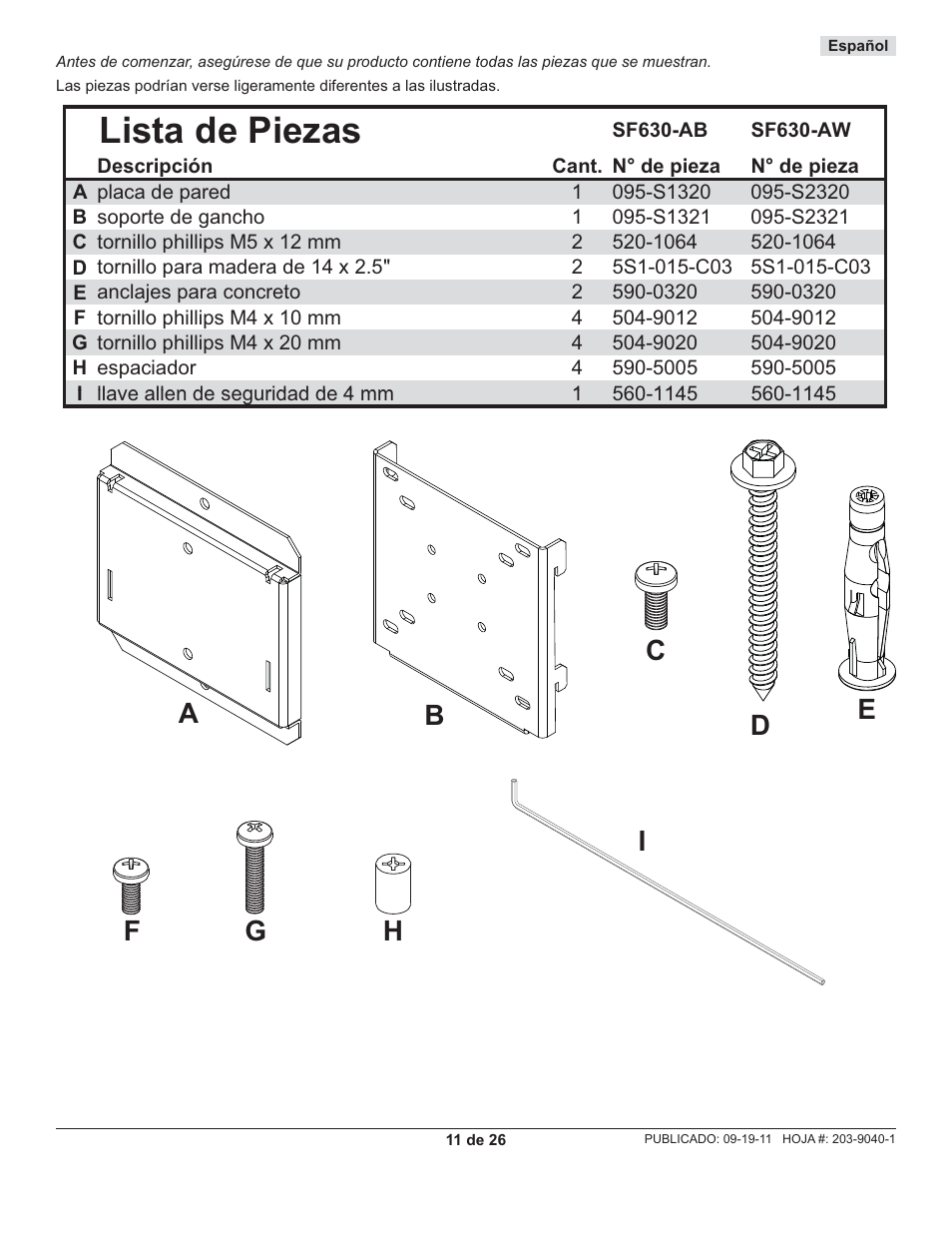 Lista de piezas | Peerless-AV SF630-AW - Installation User Manual | Page 11 / 26