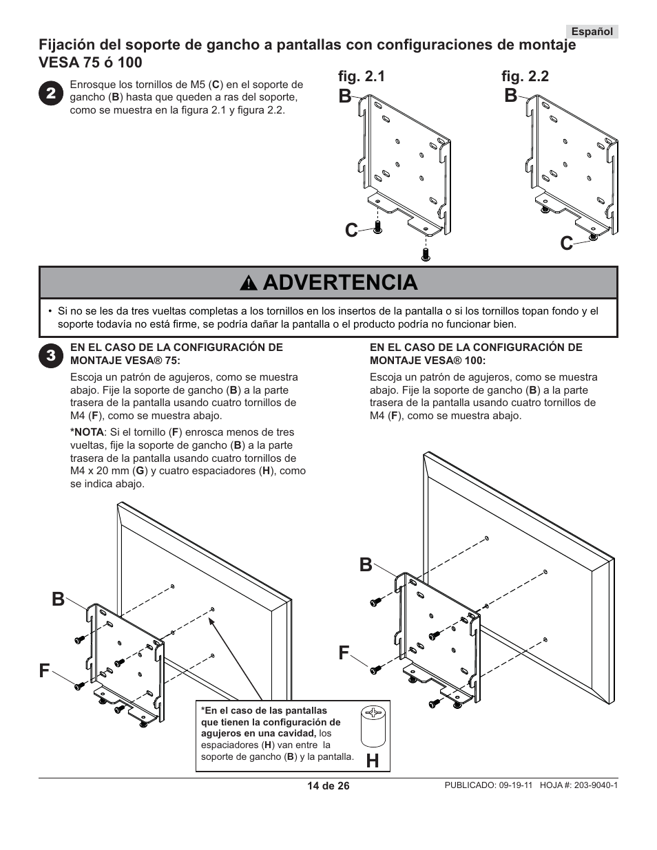 Advertencia, Bc c b, Bf b f | Peerless-AV SF630-AW - Installation User Manual | Page 14 / 26