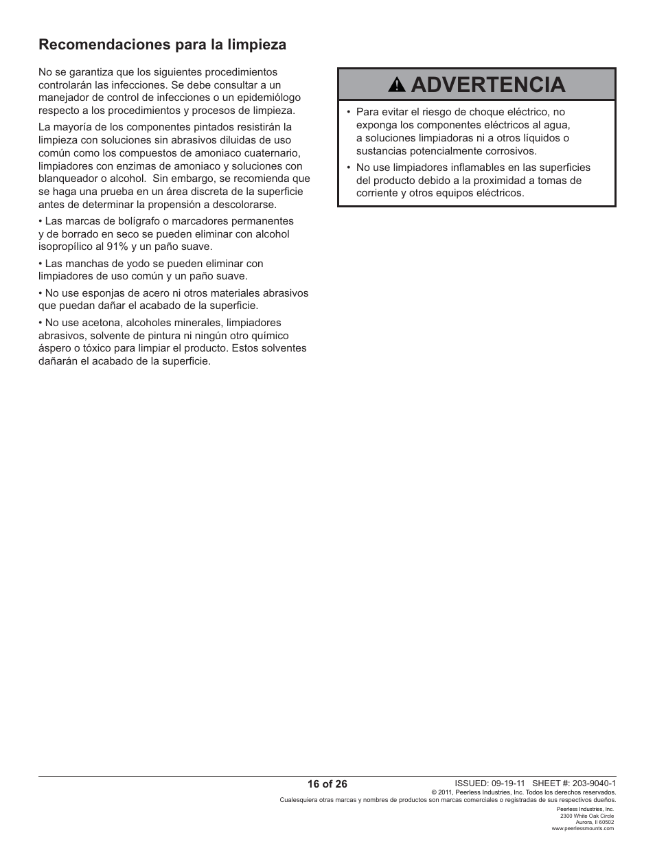 Advertencia, Recomendaciones para la limpieza | Peerless-AV SF630-AW - Installation User Manual | Page 16 / 26