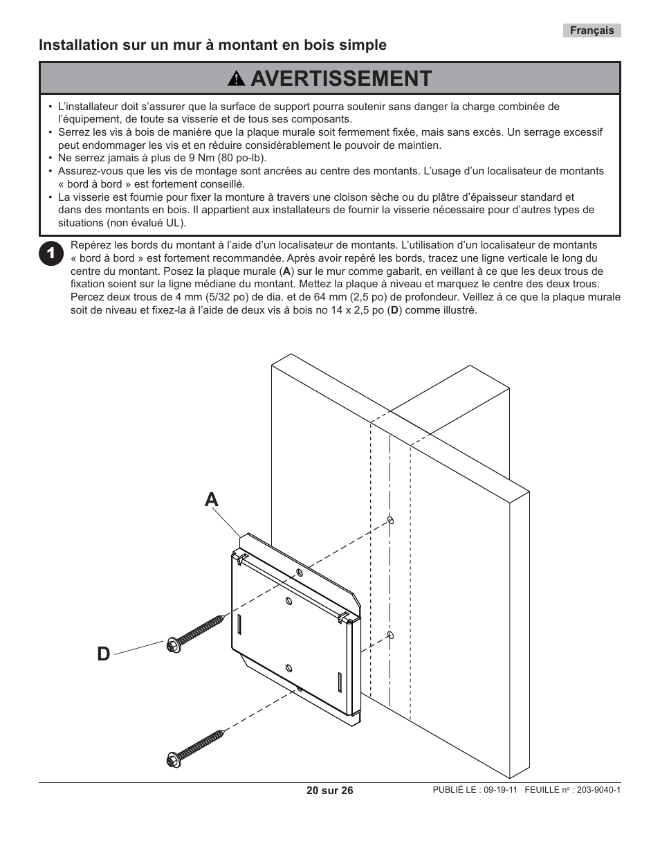 Avertissement, 1installation sur un mur à montant en bois simple | Peerless-AV SF630-AW - Installation User Manual | Page 20 / 26