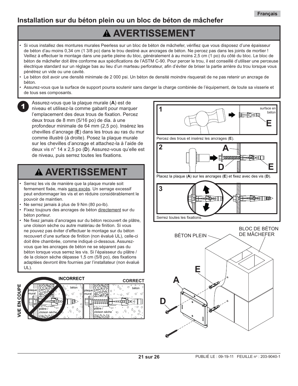 Avertissement, Da e, Ea d | Peerless-AV SF630-AW - Installation User Manual | Page 21 / 26