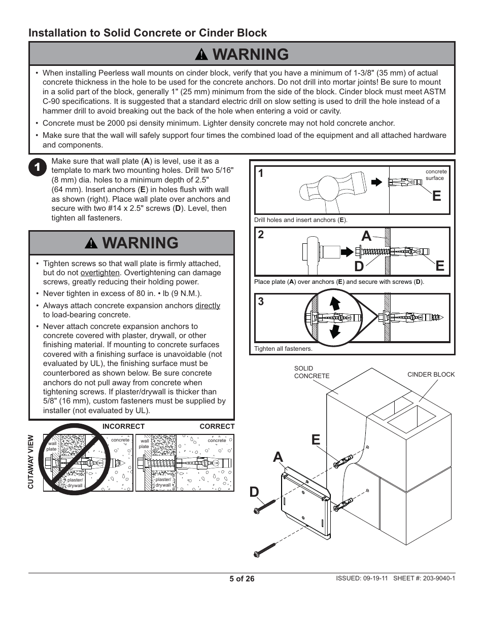 Warning, Ea d, 1installation to solid concrete or cinder block | Peerless-AV SF630-AW - Installation User Manual | Page 5 / 26