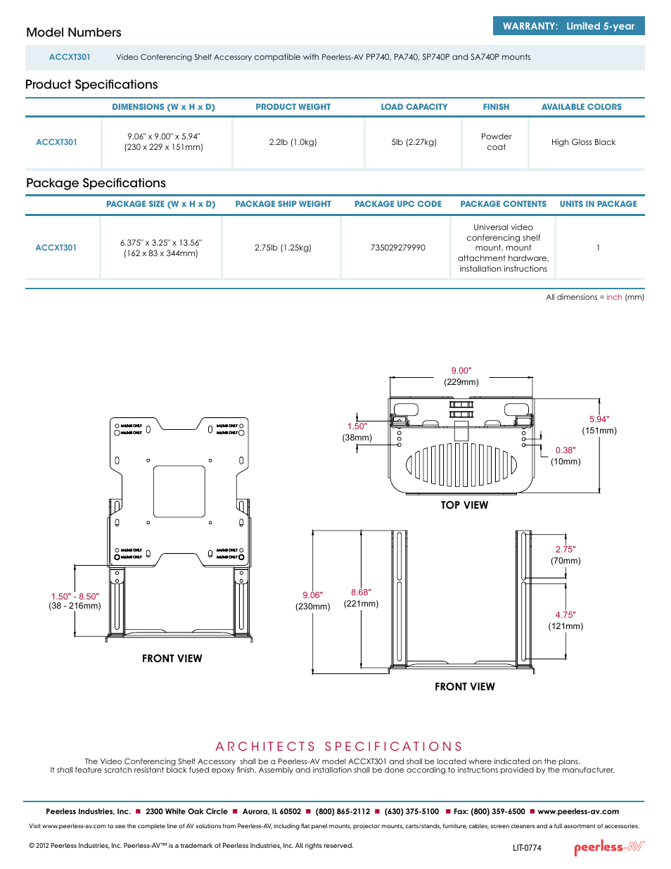 Package specifications, Product specifications model numbers | Peerless-AV ACCXT301  - Sell Sheet User Manual | Page 2 / 2