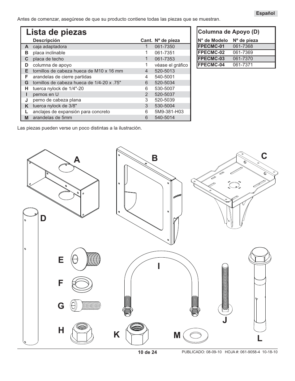 Lista de piezas | Peerless-AV FPECMC-04 - Installation User Manual | Page 10 / 24