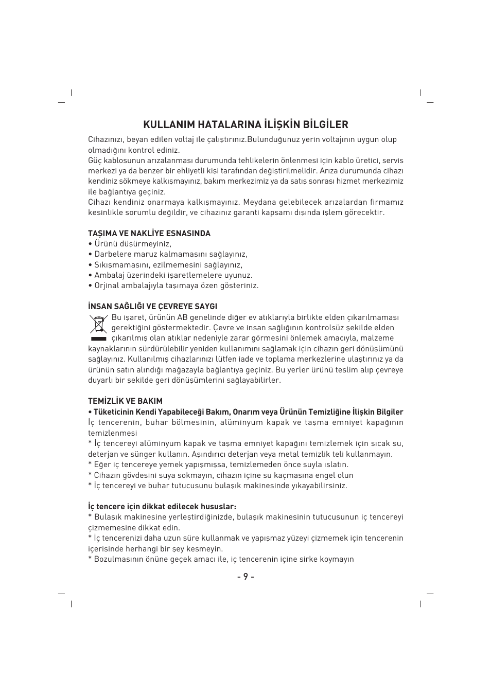 Kullanim hatalarina ‹l‹fik‹n b‹lg‹ler | SINBO SCO 5032 User Manual | Page 10 / 82