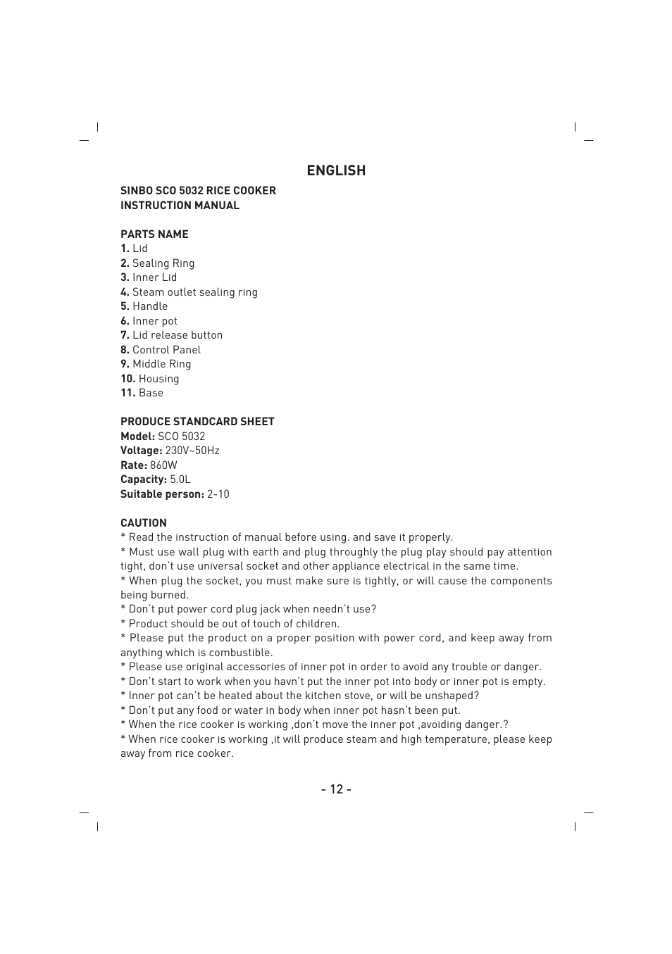 English | SINBO SCO 5032 User Manual | Page 13 / 82