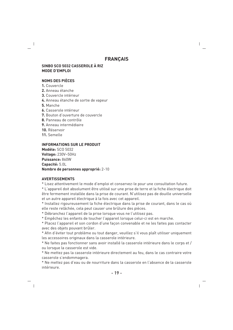 Français | SINBO SCO 5032 User Manual | Page 20 / 82