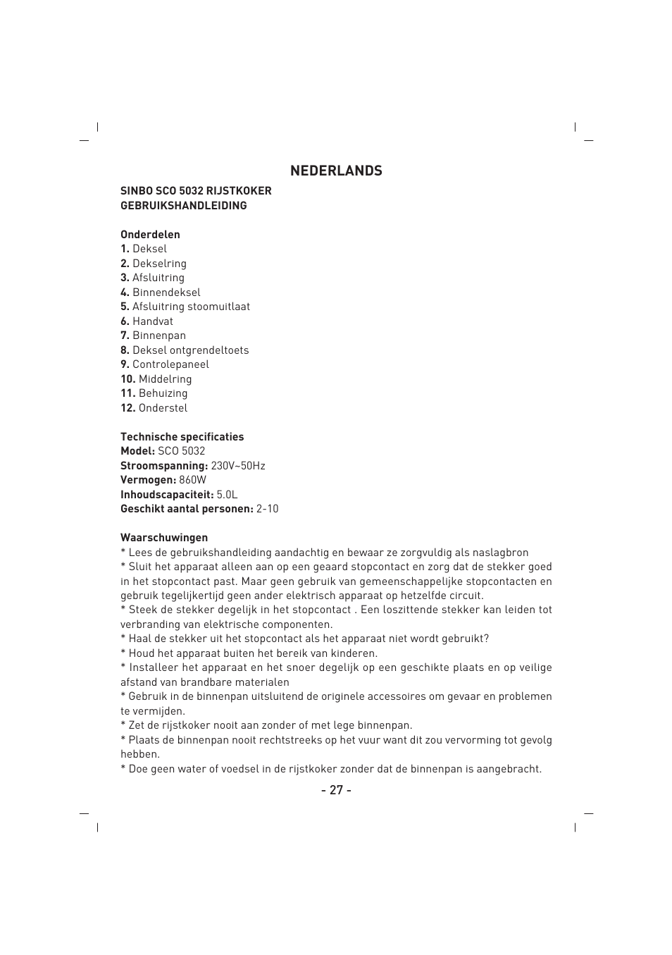 Nederlands | SINBO SCO 5032 User Manual | Page 28 / 82