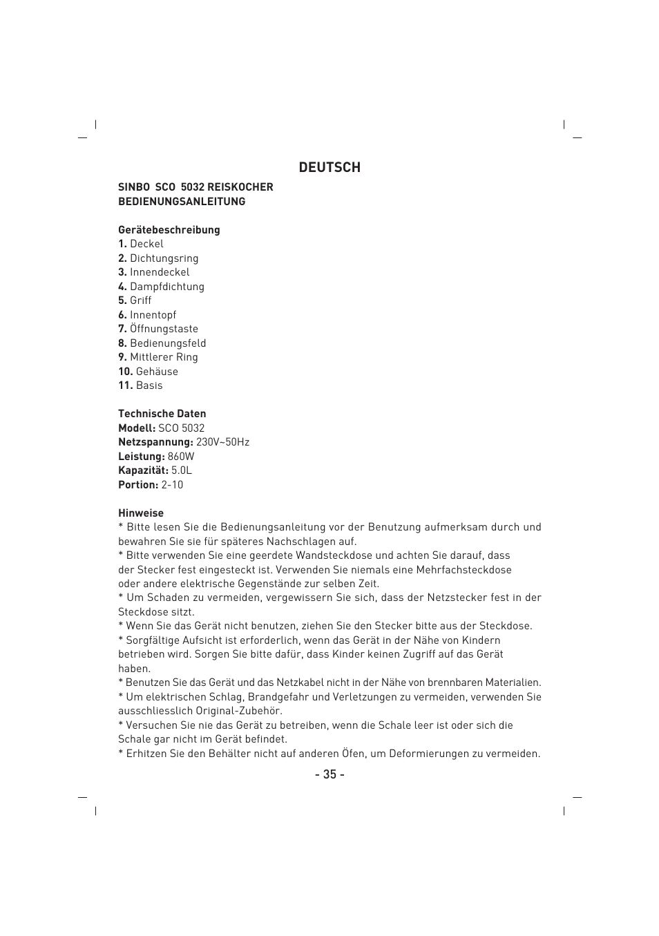 Deutsch | SINBO SCO 5032 User Manual | Page 36 / 82